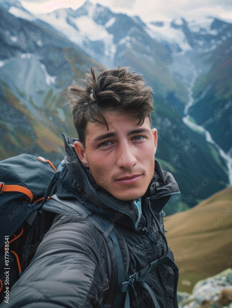 A young man with a backpack taking a self-portrait in an outdoor setting A young man with a backpack taking a self-portrait in an outdoor setting