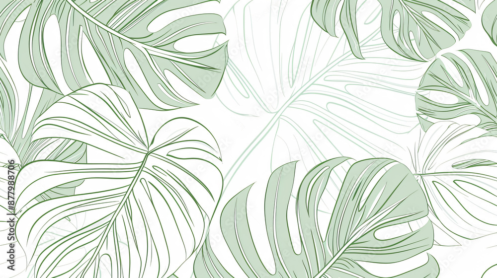 Abstract vector line art drawing of monstera leaves on a white background, using a green and gray color palette in the style of a seamless pattern design.