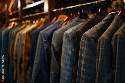 a selection of male clothes neatly arranged on hangers