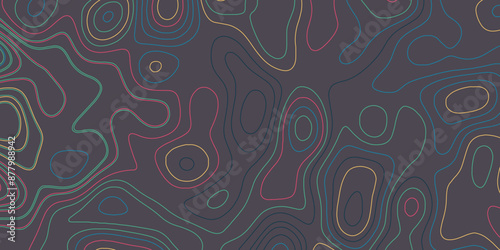 Abstract topographic and geography contour map grid backdrop vector. Topographic map abstract elevation lines on dark background, vector illustration.