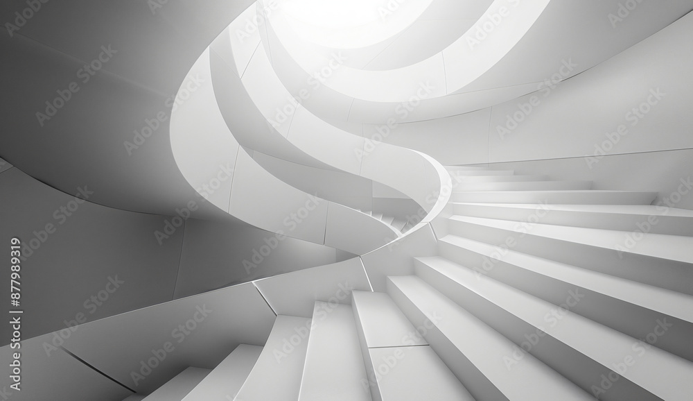Abstract black and white architectural background with a spiral staircase, 3D rendering illustration of geometric shapes. Minimalist modern design for an interior wallpaper, cover or poster. Abstract black and white architectural background with a spiral staircase, 3D rendering illustration of geometric shapes. Minimalist modern design for an interior wallpaper, cover or poster.