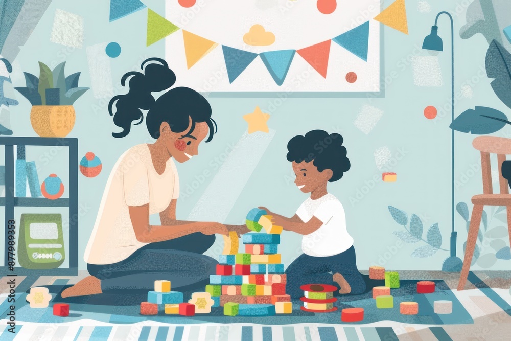 Flat design illustration of a caregiver playing with a small child, engaging in imaginative play with colorful toys. The scene captures the joy and creativity of playtime, emphasizing the bond Flat design illustration of a caregiver playing with a small child, engaging in imaginative play with colorful toys. The scene captures the joy and creativity of playtime, emphasizing the bond