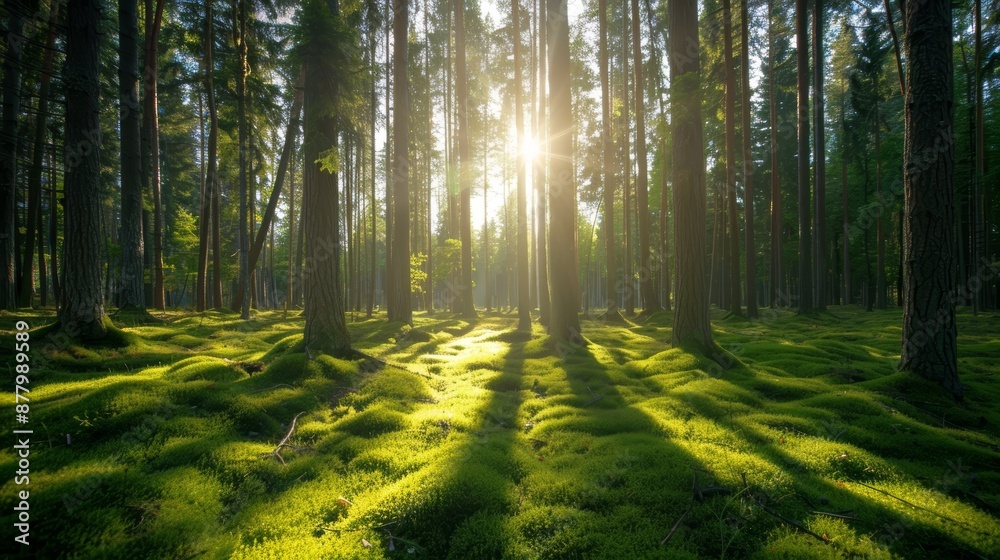 Fototapeta premium Sunlight filters through tall forest trees, casting long shadows on the moss-covered ground, creating a serene and tranquil atmosphere. 