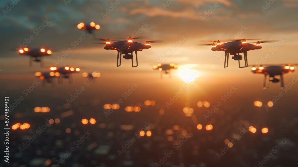A fleet of drones hovers in the sky during sunset, with a glowing cityscape in the background, capturing a futuristic scene.
A fleet of drones hovers in the sky during sunset, with a glowing cityscape in the background, capturing a futuristic scene.