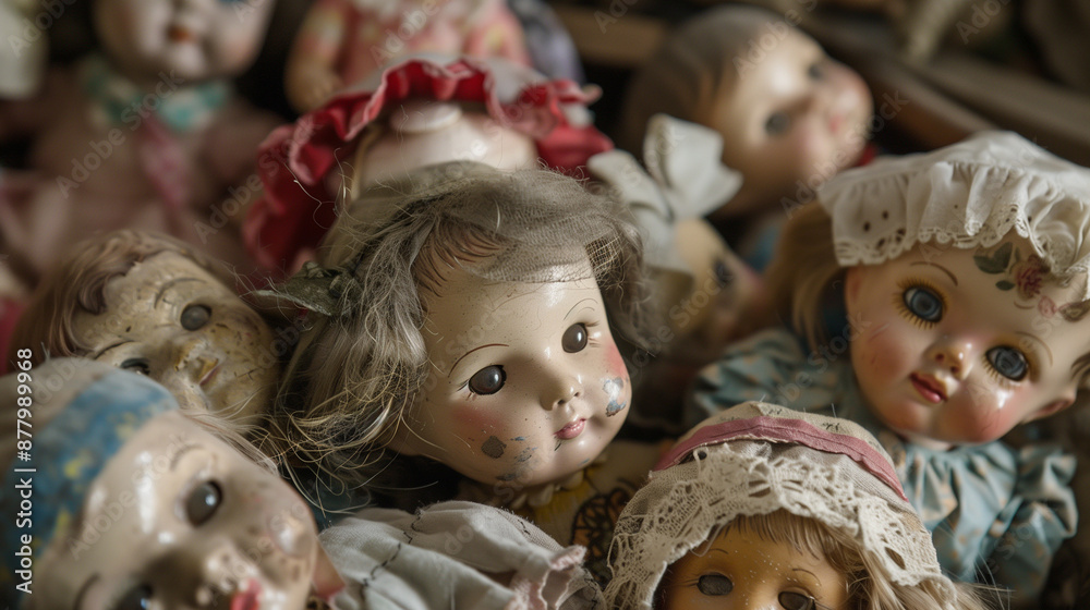 Close-up of antique dolls with worn features and detailed dresses Close-up of antique dolls with worn features and detailed dresses