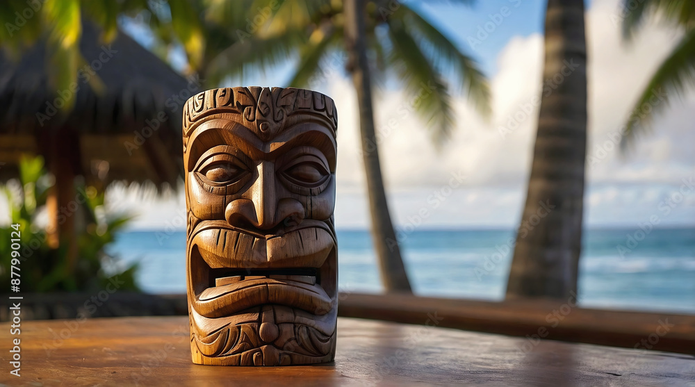 Polynesian culture, isolated wooden carved tiki statue, Hawaii background, banner with copy space text, template