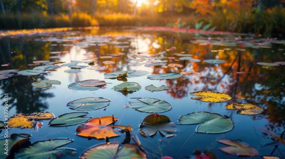 A serene pond where the lily pads turn into vibrant autumn leaves when touched by the setting sun. A serene pond where the lily pads turn into vibrant autumn leaves when touched by the setting sun.