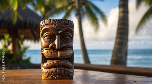 Polynesian culture, isolated wooden carved tiki statue, Hawaii background, banner with copy space text, template 