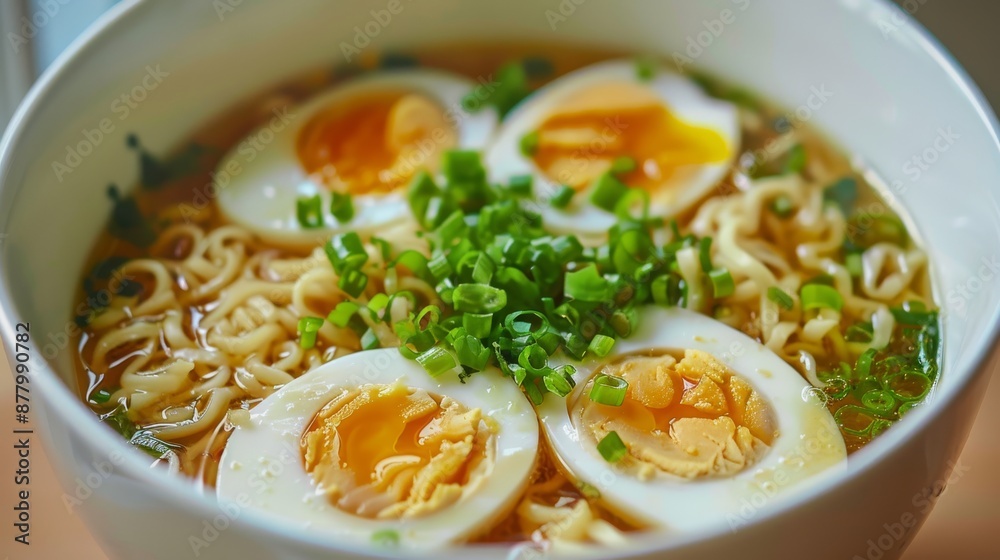 Noodle Soup with Sliced Boiled Egg from Top View Noodle Soup with Sliced Boiled Egg from Top View