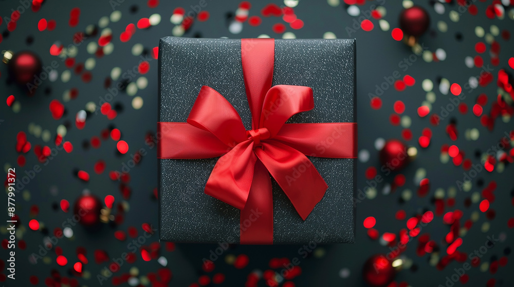 Black Friday excitement! Top view of a black gift box with a vibrant red bow on a festive background Black Friday excitement! Top view of a black gift box with a vibrant red bow on a festive background