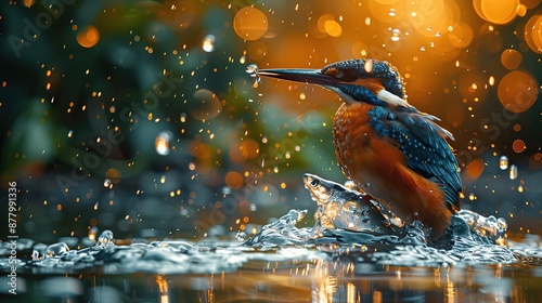 Kingfisher emerges from water with a fish in its beak on blurred background photo