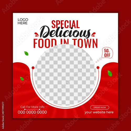 Healthy food social media post and banner design with red background. Food instagram social media post design. Editable social media templates for promotions.

