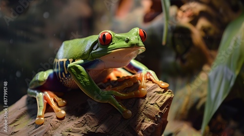 Red-eyed tree frog perched on a branch in the rainforest photo