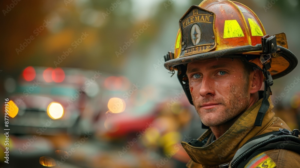 A firefighter wearing full protective gear and helmet stands determinedly in a rescue scene background, with intense and focused expression as emergency lights blur. A firefighter wearing full protective gear and helmet stands determinedly in a rescue scene background, with intense and focused expression as emergency lights blur.
