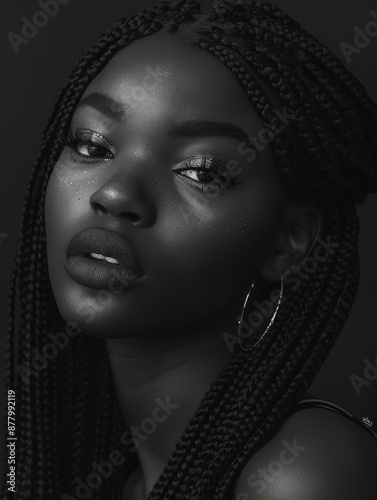 A striking black and white portrait of a young woman with braided hair, exuding elegance, strength, and introspection, highlighting intricate details and contrast in shading.