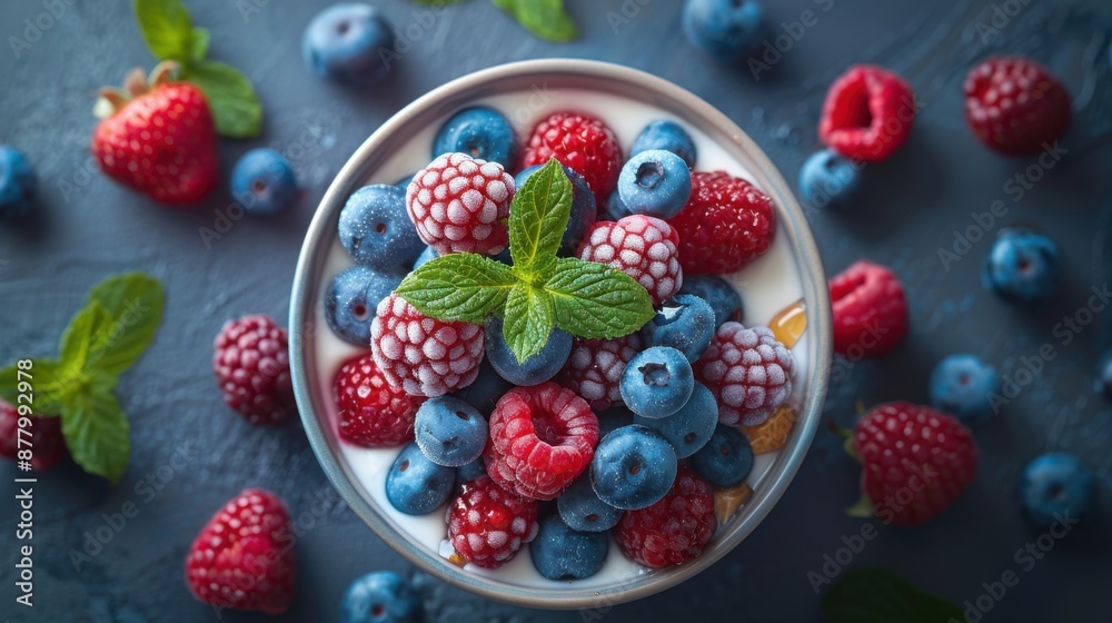 Berries and blueberries in a bowl on a table, nutritionist concept, Food background