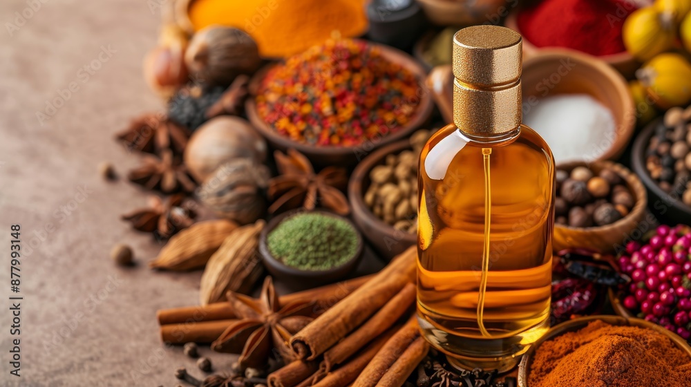 Spicy fragrance bottle set in an exotic marketplace, surrounded by colorful spices like cinnamon, clove, and pepper, evoking a sense of adventure Spicy fragrance bottle set in an exotic marketplace, surrounded by colorful spices like cinnamon, clove, and pepper, evoking a sense of adventure