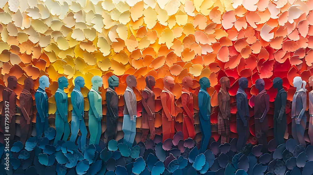 Fototapeta premium Banner background of a colorful crowd of people made of cut-out paper representing a dense mob gathered at a public event 
