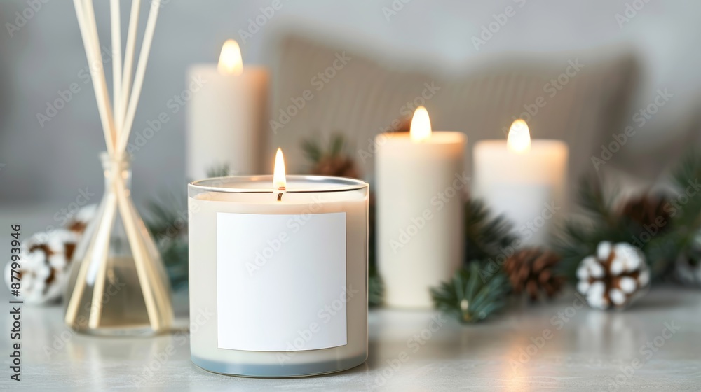 Vanilla-scented candles and reed diffusers, beautifully designed labels and packaging, set against a cozy home setting, inviting fragrance Vanilla-scented candles and reed diffusers, beautifully designed labels and packaging, set against a cozy home setting, inviting fragrance