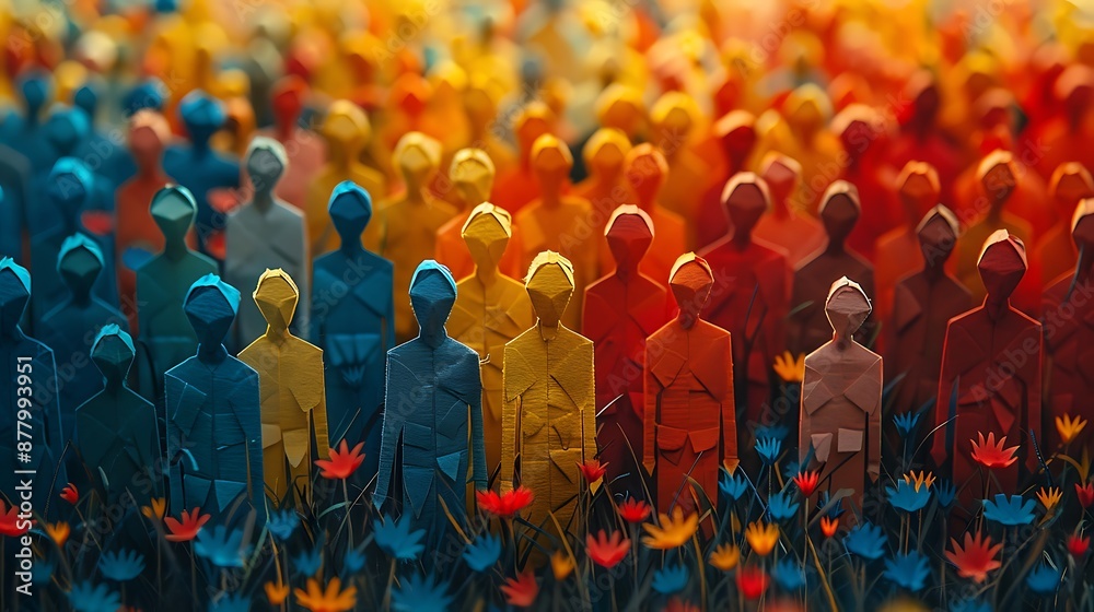 Fototapeta premium Banner background of a colorful crowd of people made of cut-out paper representing a dense mob gathered at a public event 