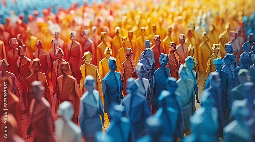 Fototapeta premium Banner background of a colorful crowd of people made of cut-out paper representing a dense mob gathered at a public event 