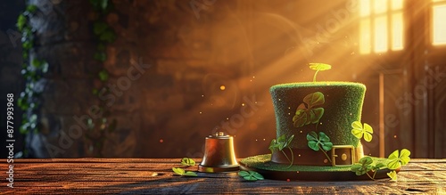 Magical St. Patrick's Day Top Hat with Four Leaf Clover and Golden Bell photo