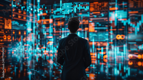 Wallpaper Mural Businessman Analyzing Holographic Financial Data Torontodigital.ca