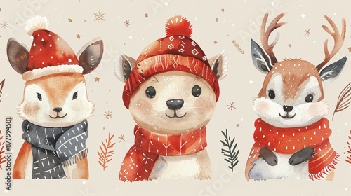 Watercolor painting seamless pattern of set of cute animals wearing hats and scarves. The scene is festive and joyful for winter holiday background. photo