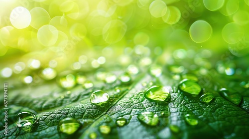 Close-up view of clear water drops on green leaves with sunlight and soft blurred greenery in the background.