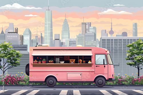 Gourmet food truck on city street with flat design