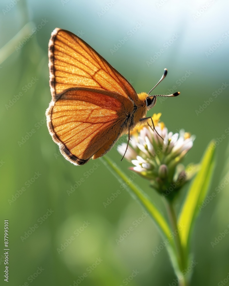 Close-up of an orange butterfly perched on a flower against a blurred green background, showcasing nature's beauty and delicate details. Close-up of an orange butterfly perched on a flower against a blurred green background, showcasing nature's beauty and delicate details.