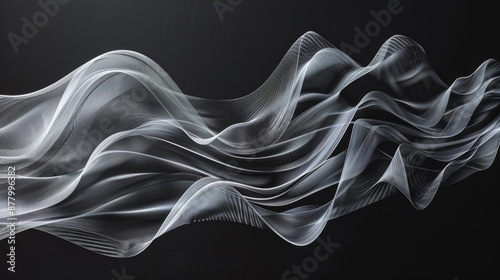 Flowing white lines trace graceful waves against a deep black backdrop. Its digital, dynamic design adds flair to any project. photo