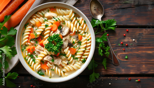 Fresh chicken soup with vegetables and stelline pasta in a bowl with carrot and parsley on wooden table photo