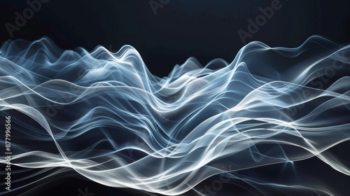 Flowing white lines trace graceful waves against a deep black backdrop. Its digital, dynamic design adds flair to any project. photo