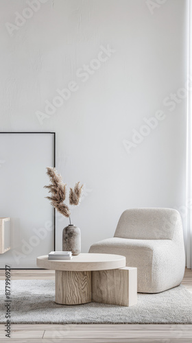 Minimalist relaxing interiors design composition with minimal furniture, window lighting and copy space. Residential realty luxurious property in neutral colors.