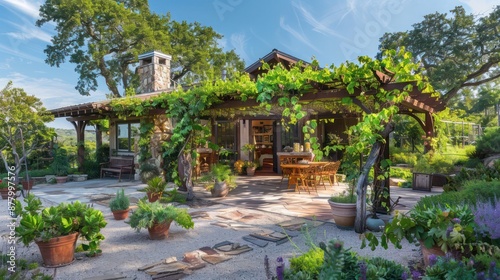 ranch-style home with a cozy, vine-covered pergola that provides a shady retreat in the garden