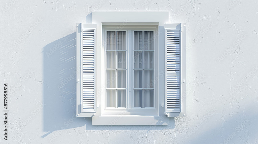 A close-up shot of a modern house window with white shutters on a pristine white background A close-up shot of a modern house window with white shutters on a pristine white background