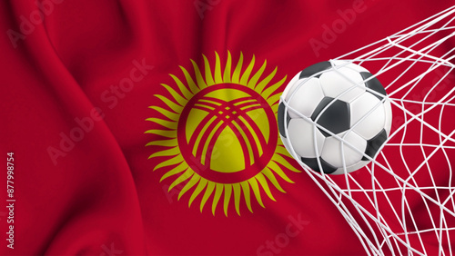 Football ball with the national flag of Kyrgyzstan. Flag of Kyrgyzstan. Horizontal Realistic waving flag of State of Kyrgyzstan. Fabric textured flowing flag of Kyrgyzstan. photo