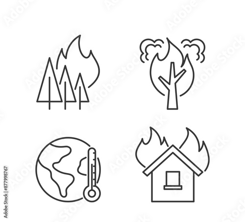 Line Vector Icons Illustrating Various Natural Disasters, Including Wildfires And Global Warming