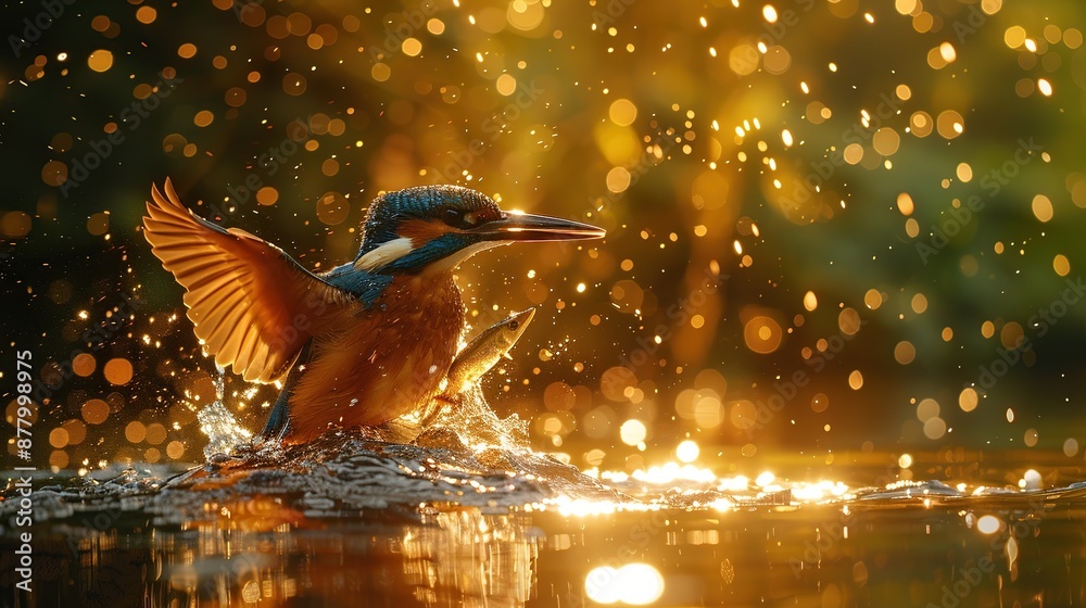 Kingfisher emerges from water with a fish in its beak, wings spread wide Kingfisher emerges from water with a fish in its beak, wings spread wide