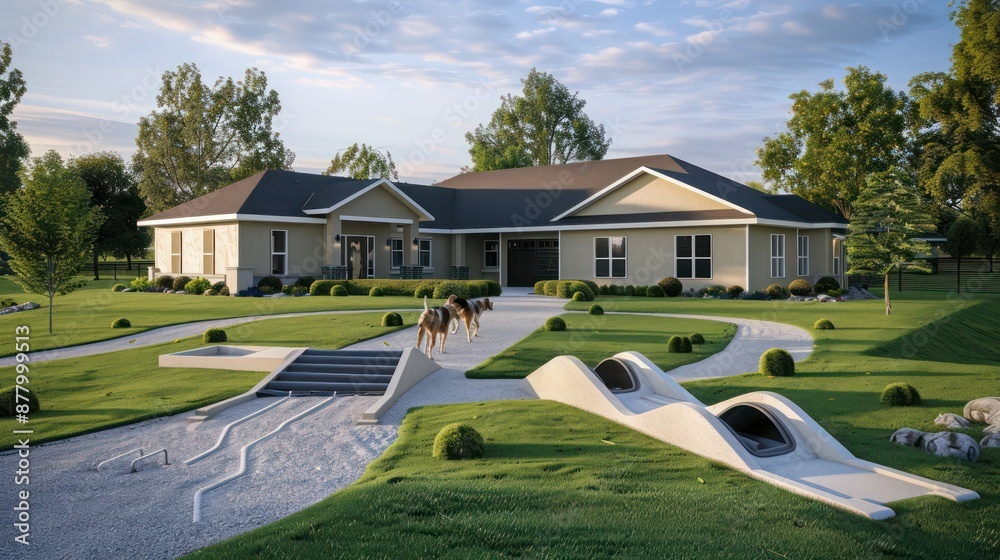 Ramp Ranch ranch-style home with a front yard that features a custom-designed ...