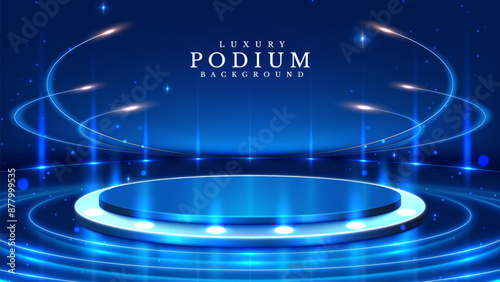 Empty Blue Pedestal with Bright Circular Neon Lights Surrounding It, Decorated with Bokeh Elements and Stars. Elegant Style Background for Product Promotion or Award Ceremony. Vector illustrations.