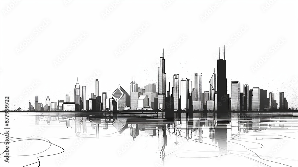 Naklejka premium A detailed skyline illustration features clean lines, showcasing intricate architectural details clearly.