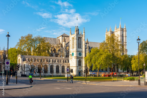 Parliament square in centre of London with Westminster Abbey at background, UK