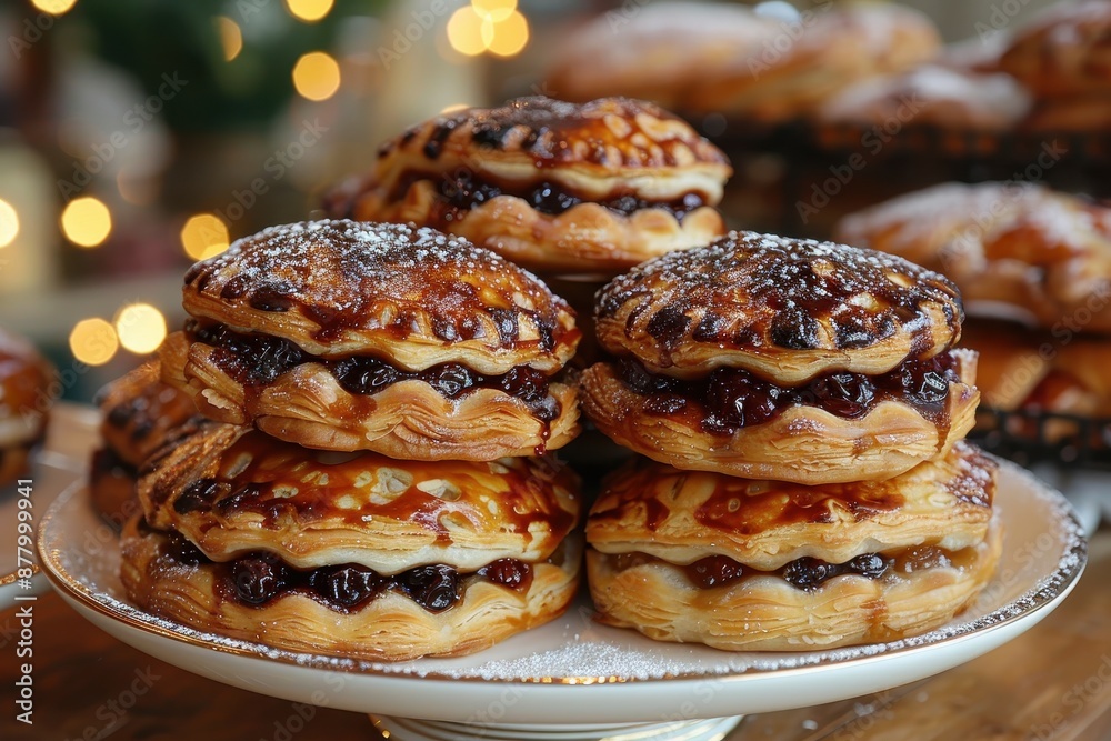 A plate of Eccles cakes, flaky pastries filled with currants and dusted with sugar. A plate of Eccles cakes, flaky pastries filled with currants and dusted with sugar.