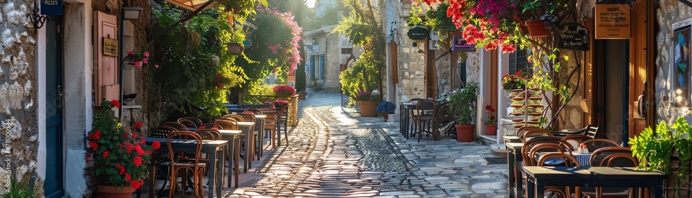 Fototapeta premium A picturesque street cafe adorned with blooming flowers on a sunny day, inviting a sense of European dining charm