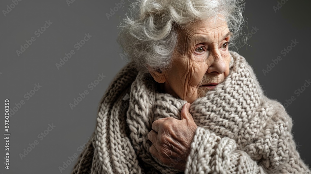 An older woman wrapped in a blanket, possibly seeking warmth or comfort An older woman wrapped in a blanket, possibly seeking warmth or comfort