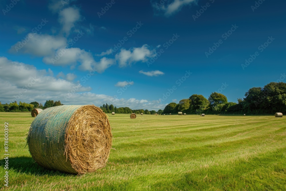 A single hay bale sitting in a green field surrounded by trees A single hay bale sitting in a green field surrounded by trees