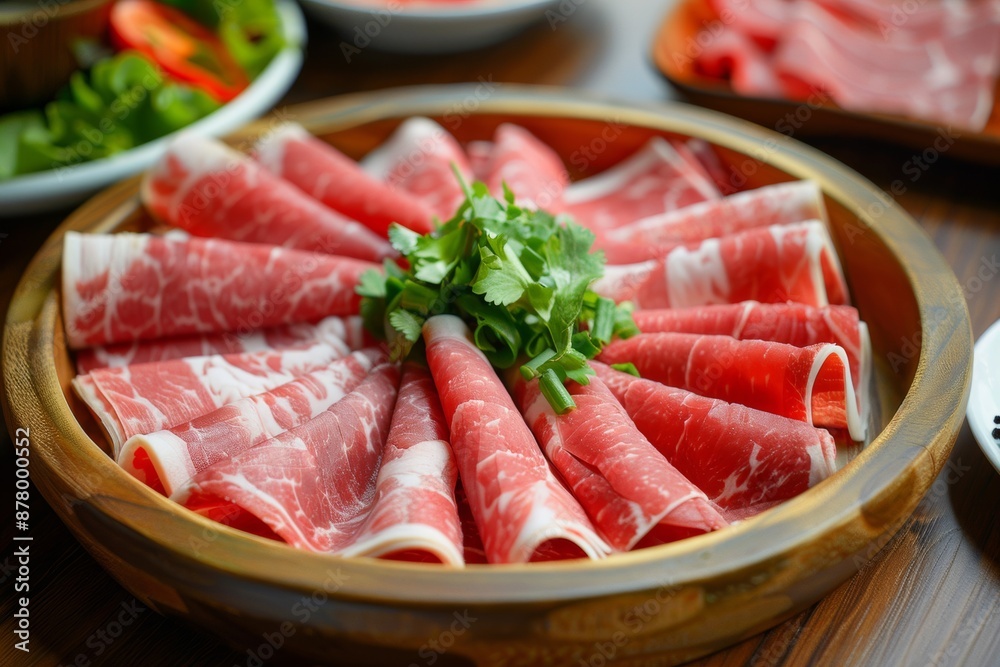 Wooden tray with assorted beef and pork rolls, beautifully arranged Wooden tray with assorted beef and pork rolls, beautifully arranged