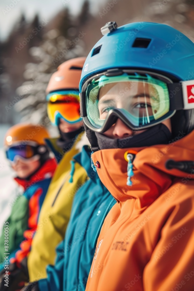 A group of people wearing skis and goggles, enjoying the snow-filled landscape